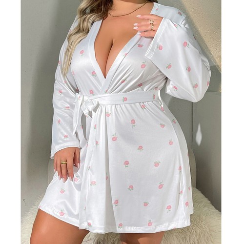 Übergröße Sexy-Dessous Damen Morgenmantel Satin Seide Kimono Morgenmantel mit Gürtel Nachtwäsche - Bild 17 von 26