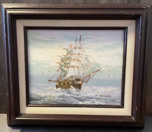 Teiller Vintage Signed Oil Painting Canvas Three Masted Clipper Ship Framed