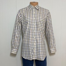 Peter Millar Dress Shirt Men's M White Cotton Blue Brown Check Long Sleeve
