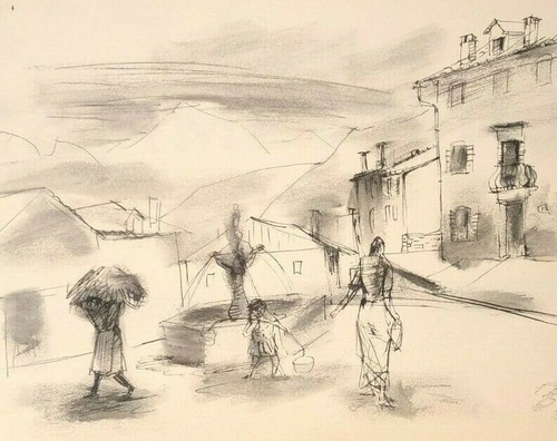 Town Water Fountain/Pump with People Ink Drawing-Louis Bosa- C. 1930s - Picture 1 of 6
