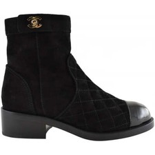 Chanel 20k Black Suede Quilted Turnlock Cc Gold Patent Ankle Short Zip Boots 35