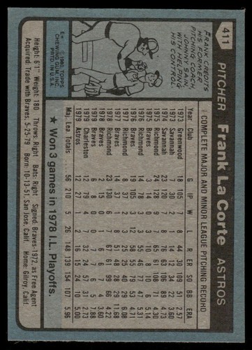 1980 Topps #411 Frank LaCorte - Picture 2 of 2