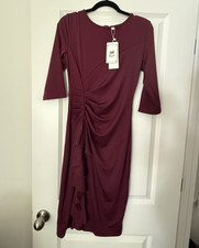 New with tags Burgundy ruched midi dress, 3/4 sleeves, ruffle detail, Sz S.