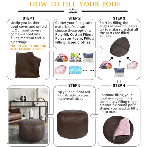 Unstuffed Faux Leather Pouf Cover, Handmade Footstool Ottoman Storage Solutio... - Picture 3 of 8