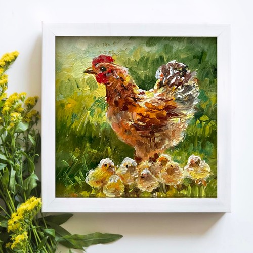 Original oil painting Chicken Chickens Farm Poultry small art mini art  4x4in - Picture 1 of 7
