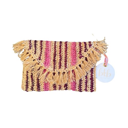 Neu mit Etikett BTB Los Angeles Tahiti Clutch rosa lila hellbraun Fransen Strand Stroh Clutch Tasche