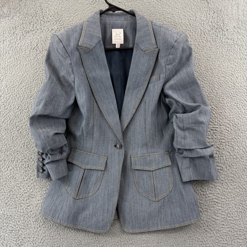 Cinq A Sept Louisa Jacket Women 8 Blue Pleated Pocket Denim Career Preppy Button - Picture 1 of 13