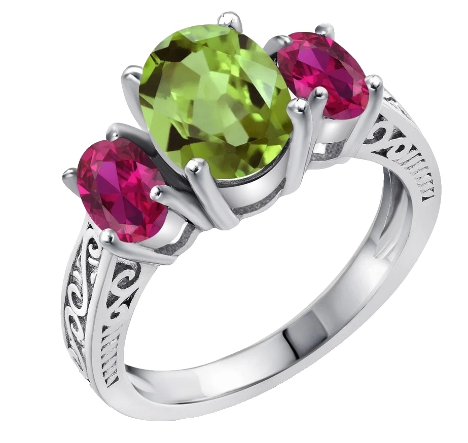 925 Sterling Silver 2.30 Ct Natural Peridot and Created Ruby Women Wedding Ring - Image 2 of 4
