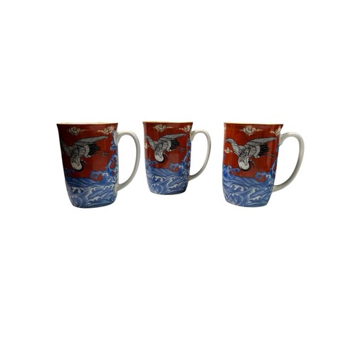 Tazza da tè caffè Imari Takahashi Giappone oceano mare gru uccellino bordo dorato set 3 - Foto 10 di 12