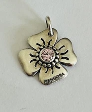 Authentic PANDORA 925 Sterling Silver Pink CZ Flower Four Petal Charm Pendant
