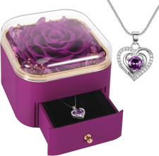 Preserved Real Purple Roses Gift Jewerlry Box, Real Eternal Rose Flower with Nec
