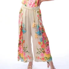 NWT ARATTA Earth Angels Pants - Beige with Rose Peacock Print - Size M