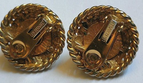 Vintage Les Bernard Round Black Cabochon Gold Tone Rope 1980s Statement Earrings - Picture 10 of 14