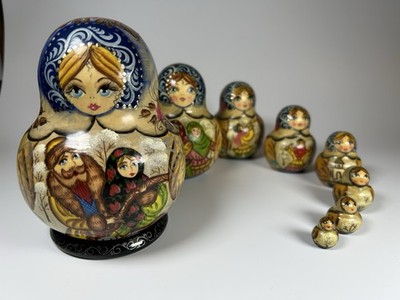 Russian Matryoshka Nesting Doll 8 Pcs Hand Painted Folk Art Wooden Artist Signed