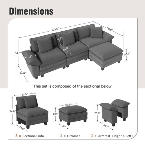 Modular Sectional Sofa Corduroy Cloud Couch with Chaise and Cushion 6/5/4/1-Seat - Picture 29 of 35