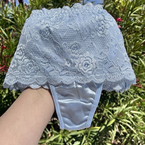 Secret Treasures Skong Thong Panties Size 7 L Blue Satin Embroidered Floral Lace - Picture 3 of 20
