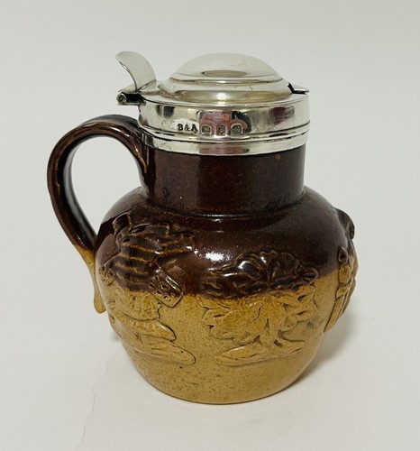 Antique Victorian Doulton Harvest Stoneware Mustard Pot Sterling Silver Rim 1898 - Picture 4 of 12