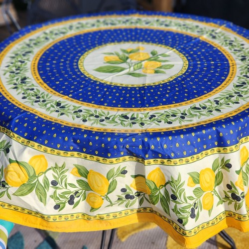 Poupees Yolande Nice Oilcloth Tablecloth Round Yellow Blue & Green Lemon Olive - Picture 2 of 7