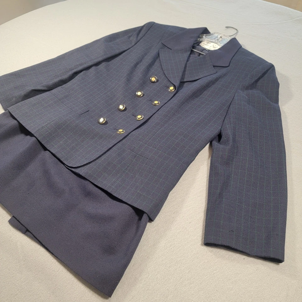 Conjunto de traje falda vintage Le Suit para mujer talla 8 azul a cuadros blazer y falda carrera Foto 3 de 4