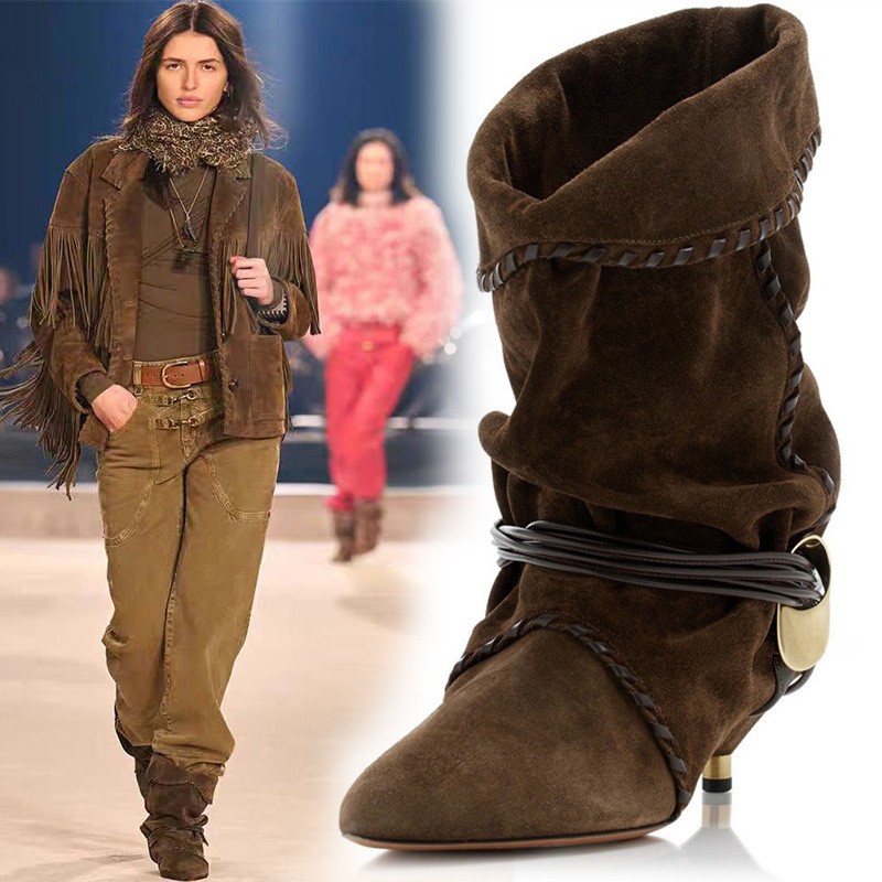 Botas para mujer Occident pasarela punta tacón de gatito plisadas media pantorrilla holgadas talla
