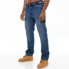 Enzo Jeans Mens Straight Leg Trousers Regular Fit Free Belt Denim Pants UK Sizes