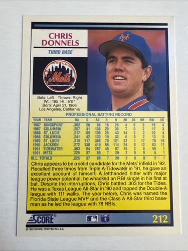 CHRIS DONNELS 1992 Score #212 AUTOGRAFATO FIRMATO AUTO Card NEW YORK METS - Foto 2 di 2