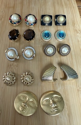 Vintage Chunky Retro Gold Tone Pearl Rhinestone Costume Earrings 9 Pair Lot