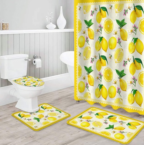 Shower Curtain Toilet Lid Cover Bath Mat Set Bathroom Curtains Non-slip Rug Bath - Picture 3 of 26