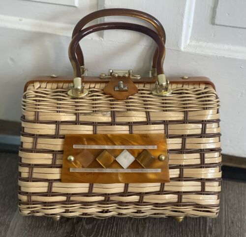 Vtg Lucite Woven Wicker Purse Patti Original Hong Kong Clam Shell MCM Handbag - Picture 2 of 19