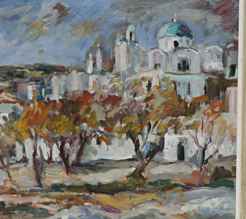 Pintura Al Óleo Griega – Paisaje De Otoño Con Casas Blancas Y Cúpula Azul - Imagen 4 de 6