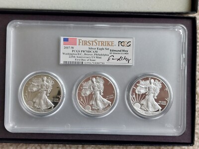2017-W First Strike 3 Silver Eagle Set- PCGS PR70DCAM Edmund Moy