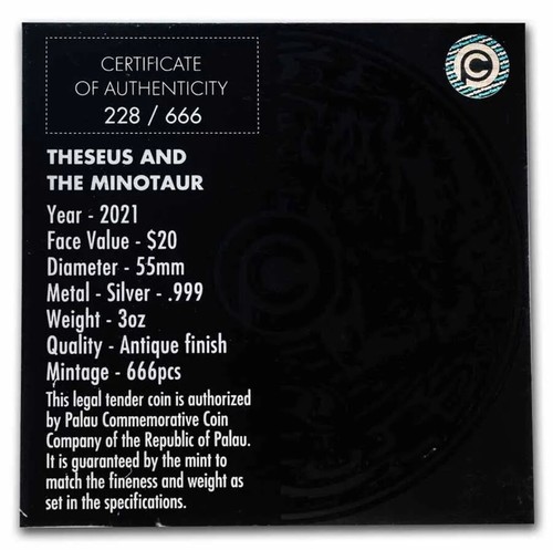 2021 3 Oz Silver $20 Palau THESEUS N MINOTAUR PCGS MS70 Gold Shield Coin. - Picture 15 of 20