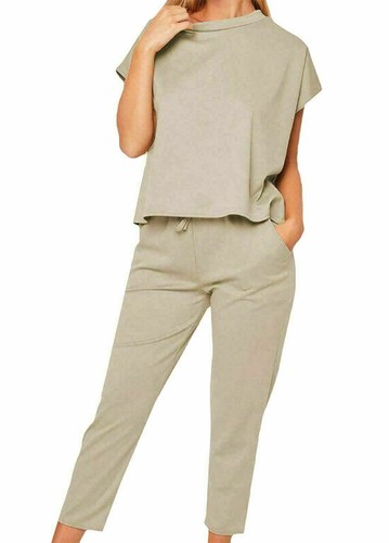 Damen Kurzarm Frauen Boxy Anzug Kariert Jogger Oberteil Lounge Wear Trainingsanzug Set - Bild 10 von 11