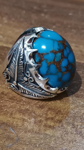 Natural blue Egyptian turquoise Spiderweb matrix Handmade silver ring Setting - Picture 7 of 22