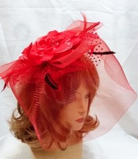 Red Flower Polka Dots Fashion Derby Wedding Cocktail Headband Fascinator Feather