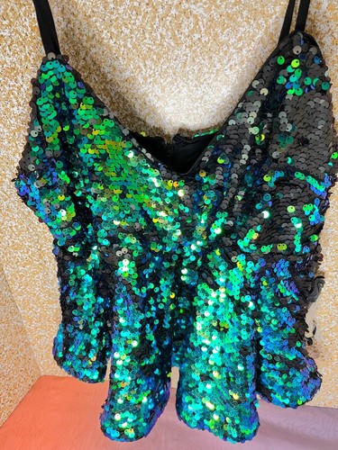 Woman’s Guess Green Blue Yellow Sequence Shifting Peplum Top NWT PARTY CLUB Med. - Picture 5 of 12