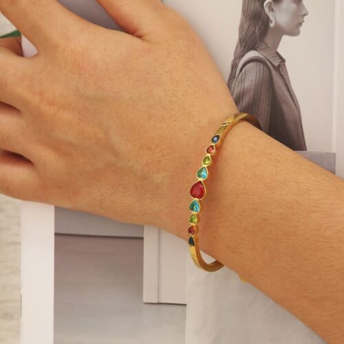 Fashion Woman 18K Gold Plated Heart Mutilcolor CZ Bracelet Opening Bangle - Picture 2 of 5