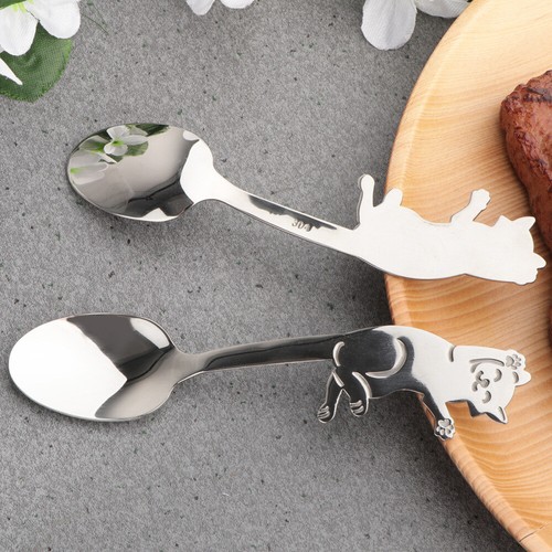 2pz Cucchiaino da Caffè in Acciaio Inox con Disegno Gatto per Tè Dessert Gelato US - Foto 7 di 11