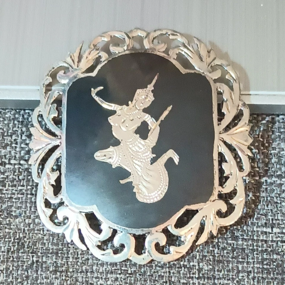 Broche de Bailarina Grabado Filigrana Esterlina 925 Esmalte Negro De Colección Siam Niello Foto 3 de 4