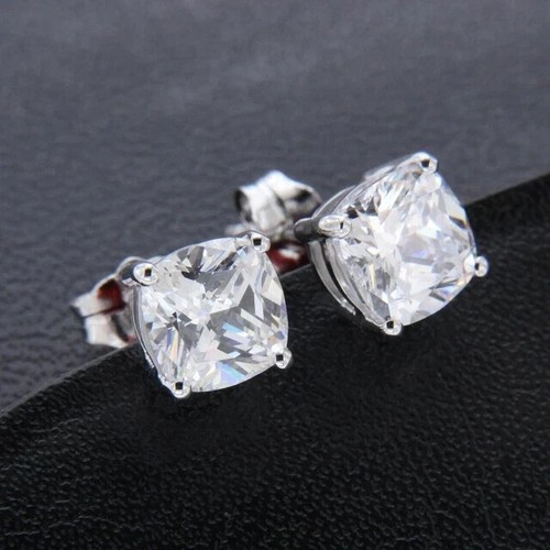 14K White Gold Plated Cushion Lab Created Diamond Solitaire Stud Earrings 3Ct - Picture 4 of 9
