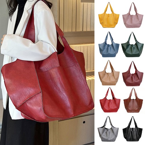 Women Large Capacity Soft Leather Casual Tote Shoulder Bag Retro Shopper Handbag - Picture 1 of 36