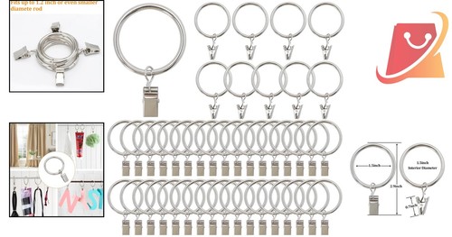 44 Pack Metal Curtain Rings Clips 1.5 Inch Dripery Hangers Silver Home Decor - Picture 2 of 9
