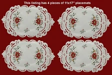 4PCS Christmas X'mas Embroidered Poinsettia Ivory Placemats 11x17" oval #3601