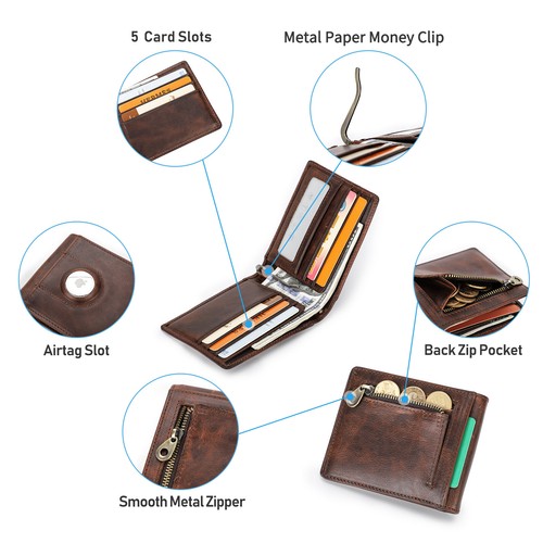 Contacts Men's RFID Leather Slim Wallet Purse AirTag Coin Card Holder 3 Colors - Picture 8 of 14