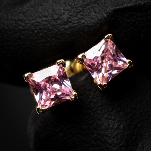14K Gold Plated Pink Women's Cz Princess Cut Solitaire Earrings - Picture 2 of 5