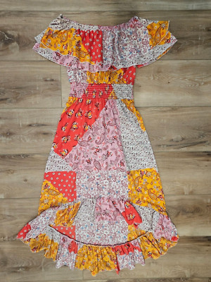 Mlle Gabrielle Floral Patchwork Off Shoulder Maxi Dress-Womens Size Small
