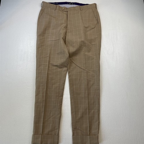 Henry Sage 36x32 Khaki Windowpane Tapered Cuffed Linen Mens Dress Pants