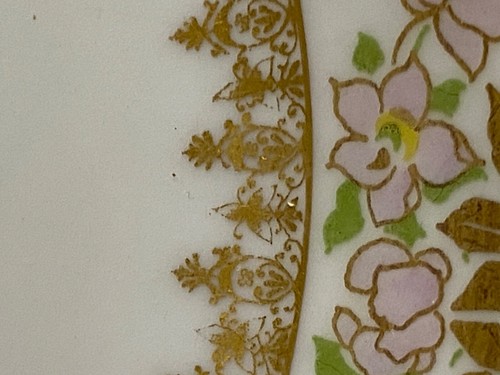 LIMOGES Art Deco 7" Bowl Pink & Gold Flowers Paroutaud Freres c1909 Scalloped - Picture 8 of 13