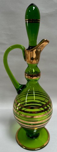 Set liquore cordiale decanter verde bohémien vintage retrò con finiture in oro (D) - Foto 2 di 16