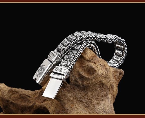 Pulsera De Plata 复古 Para Hombre Brazalete Sencillo Y Generoso Mantra Tejido- - Imagen 22 de 25